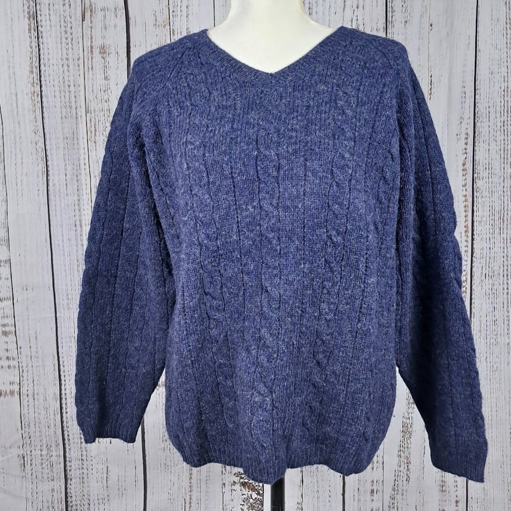 Vintage EXPRESS BLEUS Womens M Blue Wool Sweater Cable Knit‎ V Neck Chunky Cozy